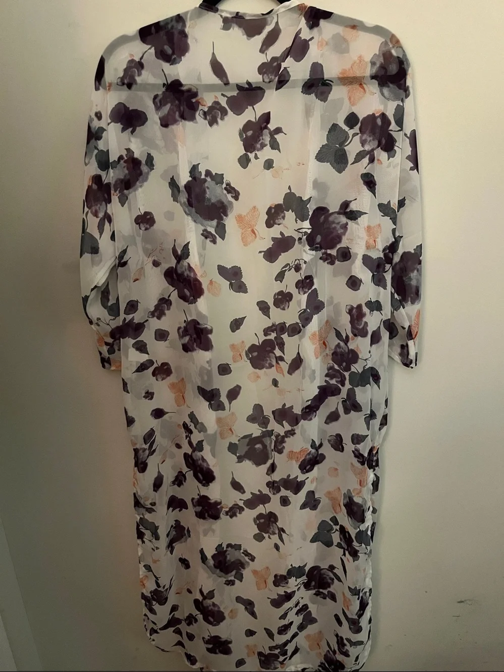 Floral Sheer Long Kimono Robe - White with Purple & Peach Floral One size